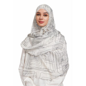 Geometric Line Art Printed Silky Modal Scarf – Off White & Grey